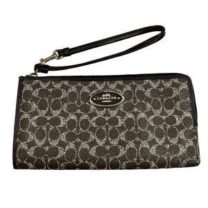 Coach Signature C Monogram Wristlet Pouch Wallet Brown Black Leather Trim Classy